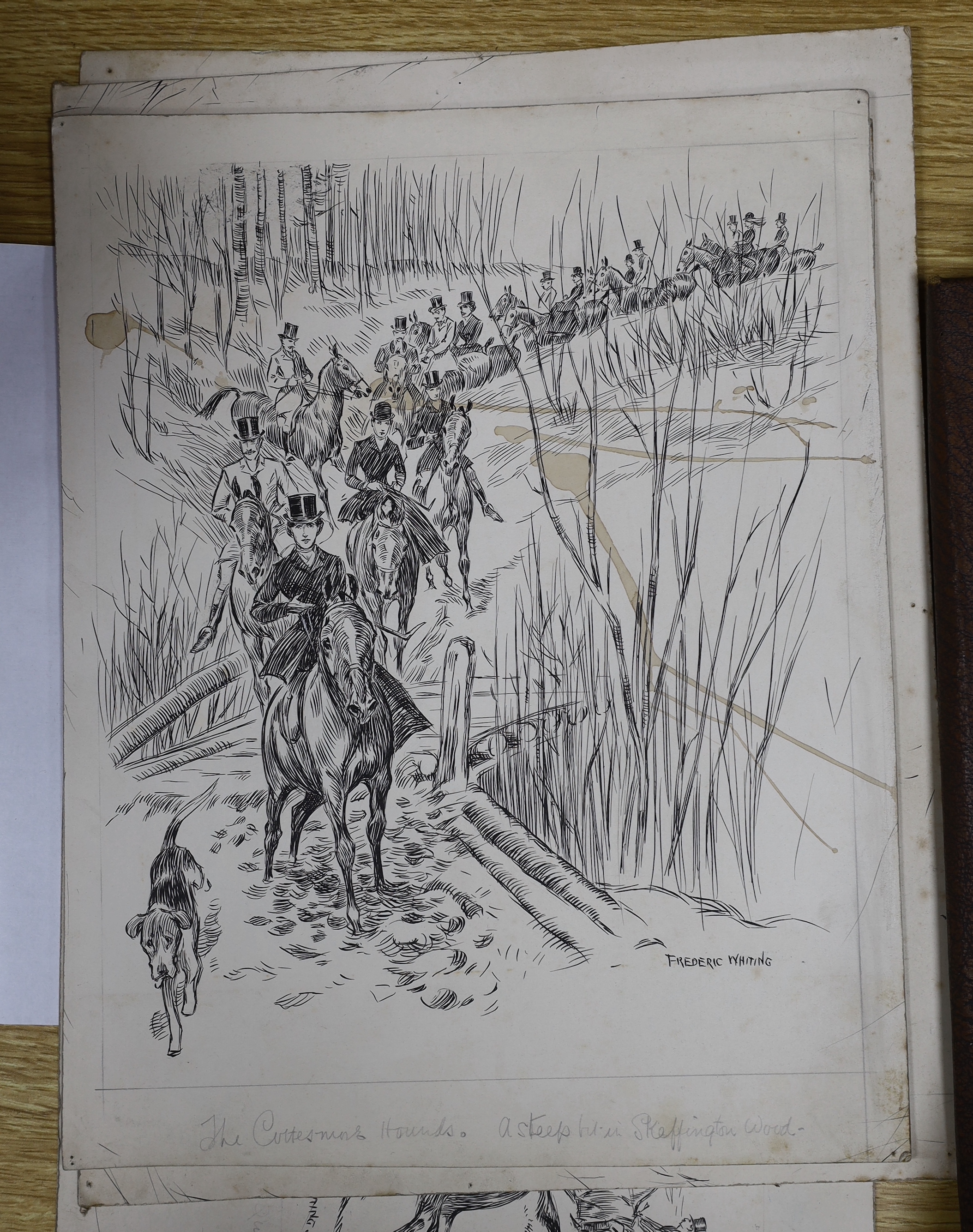 Frederic Whiting (1874-1962), ten original pen and ink drawings, Hunting related subjects including The Belvoir Hunt, signed, largest overall 22 x 31cm, unframed